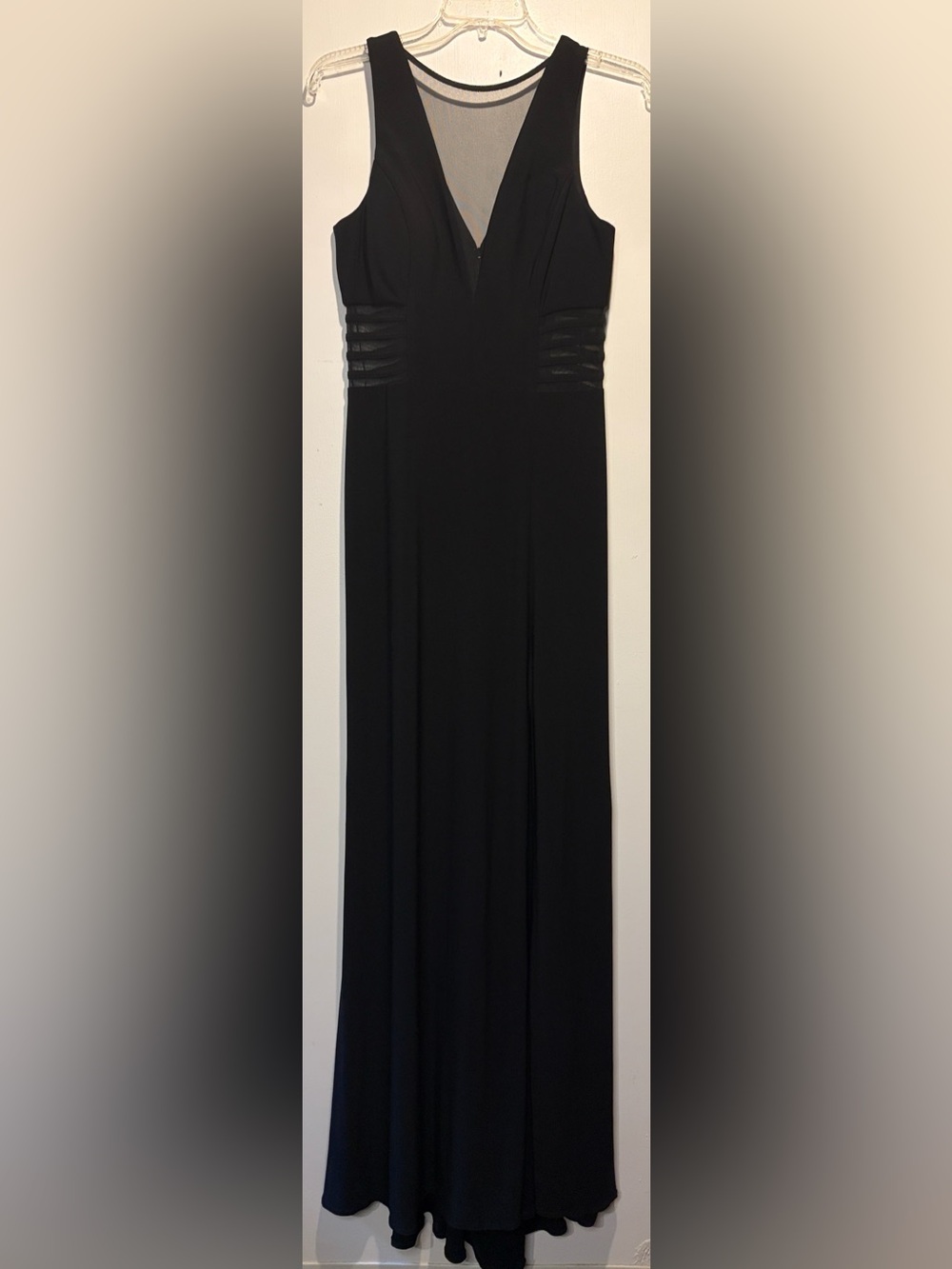 Nightway Black Maxi Dress Gown Sheer Front + Side Cutout Details Slit Size 8
